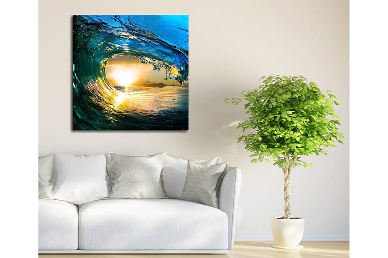 Lærredstryk 45x45 cm - Storslået bølge, der fanger solnedgangens lys - Blå / Grøn / Gylden - Boligtilbehør - Billeder & kunst - Billeder på lærred