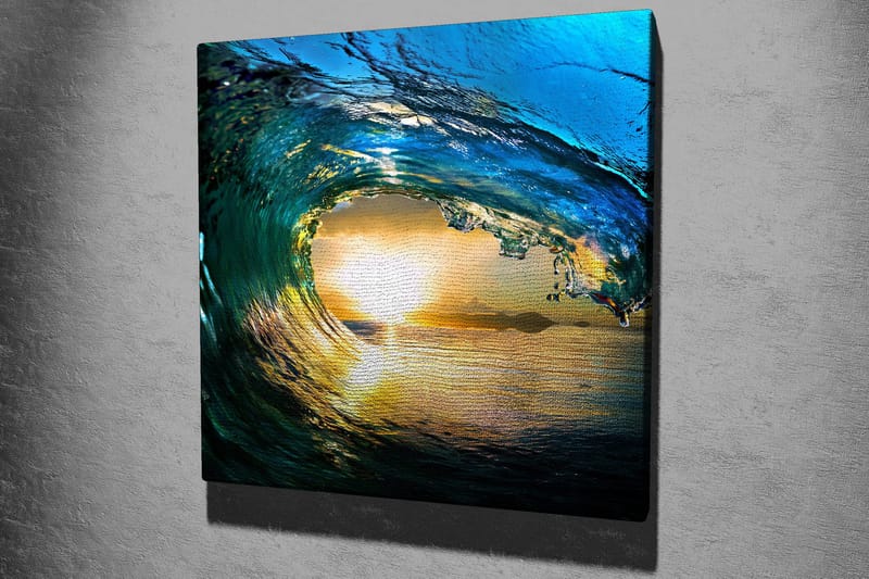 Lærredstryk 45x45 cm - Storslået bølge, der fanger solnedgangens lys - Blå / Grøn / Gylden - Boligtilbehør - Billeder & kunst - Billeder på lærred