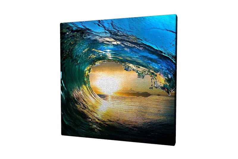 Lærredstryk 45x45 cm - Storslået bølge, der fanger solnedgangens lys, Blå / Grøn / Gylden