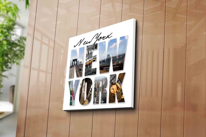 Lærredstryk 45x45 cm - Storslået collage af New Yorks ikoniske vartegn - Gul / Blå / Grå - Boligtilbehør - Billeder & kunst - Billeder på lærred