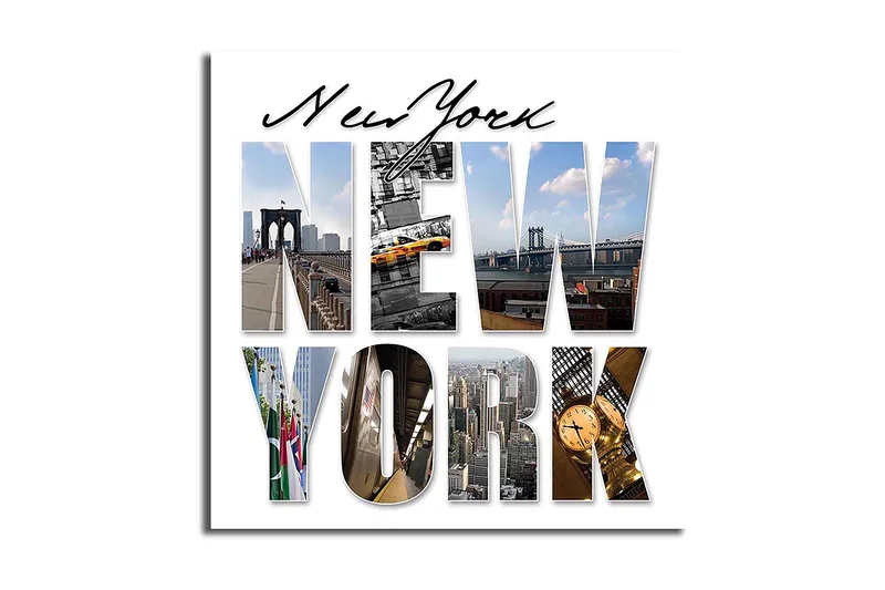 Lærredstryk 45x45 cm - Storslået collage af New Yorks ikoniske vartegn, Gul / Blå / Grå