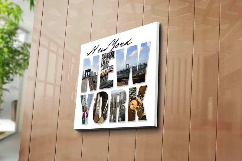 Lærredstryk 45x45 cm - Storslået collage af New Yorks ikoniske vartegn - Gul / Blå / Grå - Boligtilbehør - Billeder & kunst - Billeder på lærred