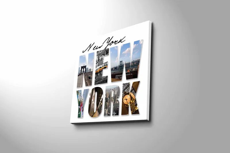 Lærredstryk 45x45 cm - Storslået collage af New Yorks ikoniske vartegn - Gul / Blå / Grå - Boligtilbehør - Billeder & kunst - Billeder på lærred