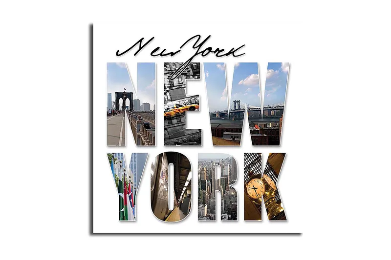 Lærredstryk 45x45 cm - Storslået collage af New Yorks ikoniske vartegn, Gul / Blå / Grå