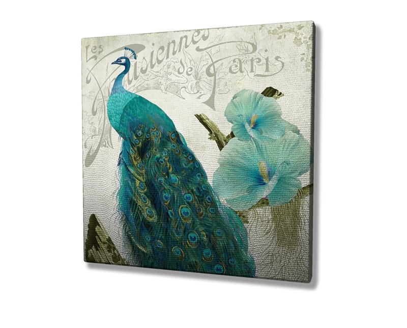 Lærredstryk 45x45 cm - Storslået påfugl med detaljerede fjer og blomster i baggrunden - Turkis / Grøn / Hvid - Boligtilbehør - Billeder & kunst - Billeder på lærred