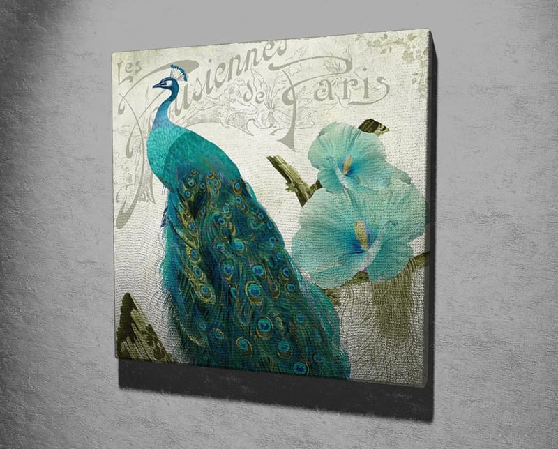 Lærredstryk 45x45 cm - Storslået påfugl med detaljerede fjer og blomster i baggrunden - Turkis / Grøn / Hvid - Boligtilbehør - Billeder & kunst - Billeder på lærred