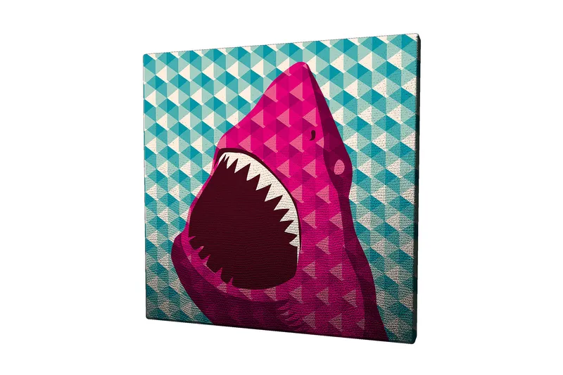 Lærredstryk 45x45 cm - Stort, åbent hajhoved i farverig stil, Lyserød / Turkis / Hvid