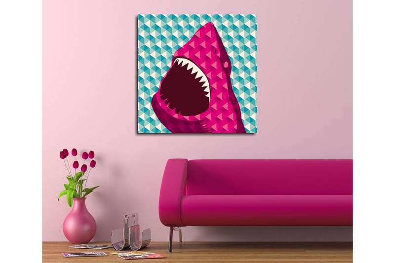 Lærredstryk 45x45 cm - Stort, åbent hajhoved i farverig stil - Lyserød / Turkis / Hvid - Boligtilbehør - Billeder & kunst - Billeder på lærred