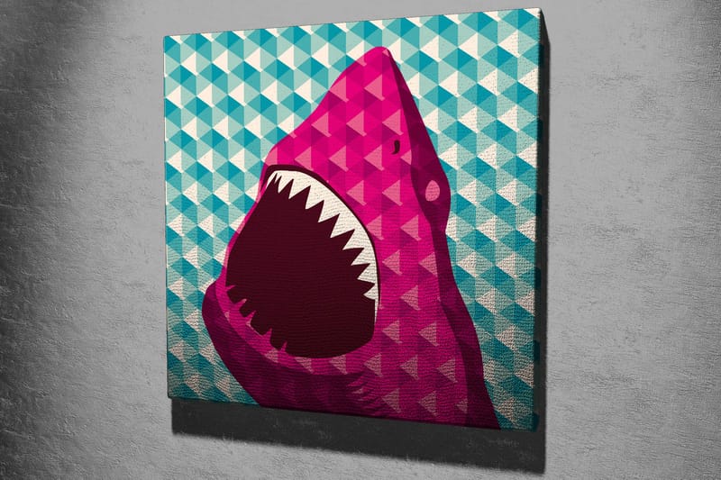 Lærredstryk 45x45 cm - Stort, åbent hajhoved i farverig stil - Lyserød / Turkis / Hvid - Boligtilbehør - Billeder & kunst - Billeder på lærred