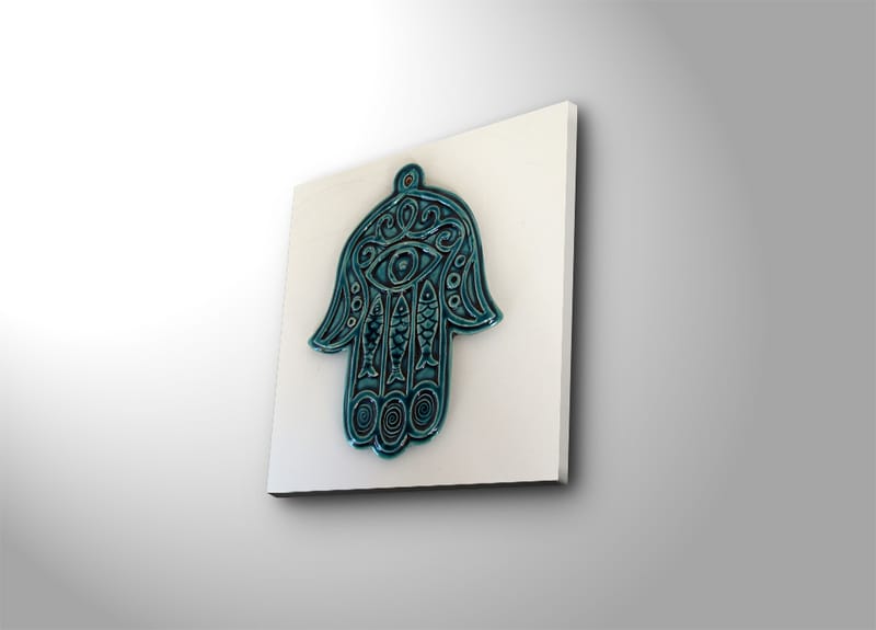 Lærredstryk 45x45 cm - Symbolsk hånd med øje og indviklede mønstre - Turkis / Hvid - Boligtilbehør - Billeder & kunst - Billeder på lærred