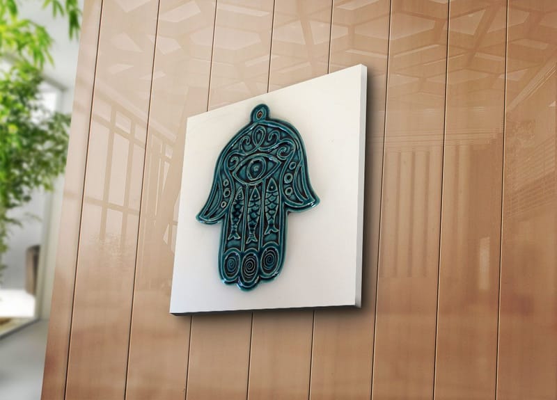 Lærredstryk 45x45 cm - Symbolsk hånd med øje og indviklede mønstre - Turkis / Hvid - Boligtilbehør - Billeder & kunst - Billeder på lærred