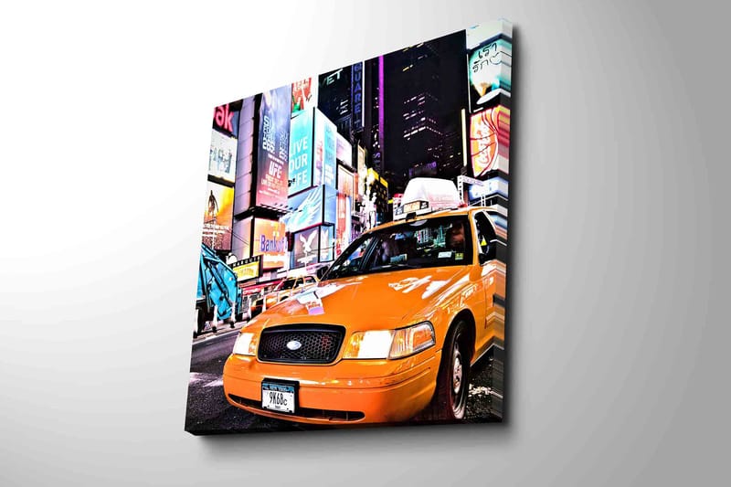 Lærredstryk 45x45 cm - Taxaer i neonoplyst bymiljø - Orange / Sort / Blå - Boligtilbehør - Billeder & kunst - Billeder på lærred