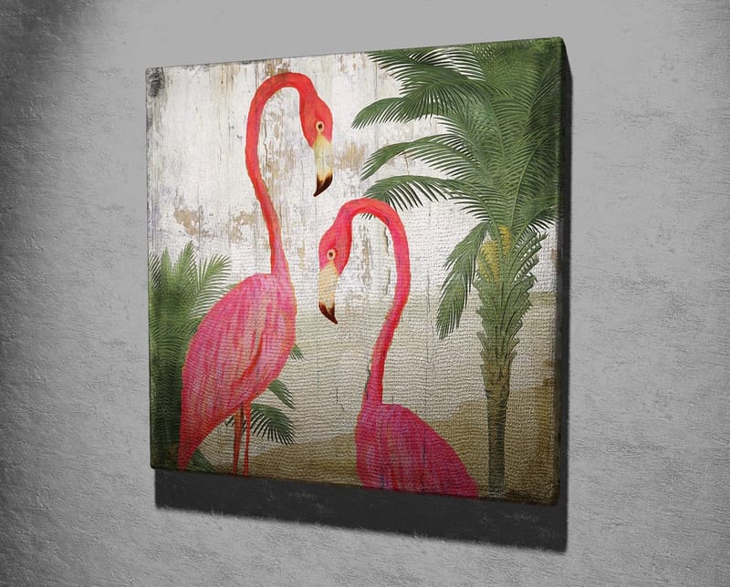 Lærredstryk 45x45 cm - To elegante flamingoer omgivet af palmer - Lyserød / Grøn / Beige - Boligtilbehør - Billeder & kunst - Billeder på lærred