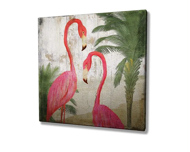 Lærredstryk 45x45 cm - To elegante flamingoer omgivet af palmer - Lyserød / Grøn / Beige - Boligtilbehør - Billeder & kunst - Billeder på lærred