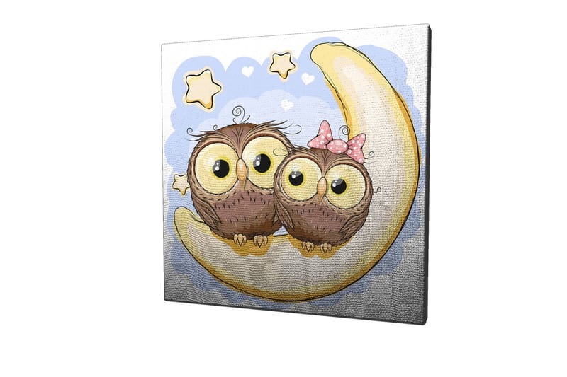 Lærredstryk 45x45 cm - To søde ugler siddende på en halvmåne med stjerner i baggrunden - Brun / Gul / Lyseblå - Boligtilbehør - Billeder & kunst - Billeder på lærred
