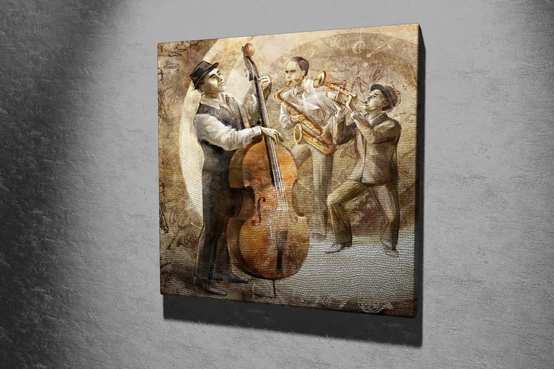 Lærredstryk 45x45 cm - Tre musikere spiller jazz med kontrabas, saxofon og trompet - Brun / Beige / Grå - Boligtilbehør - Billeder & kunst - Billeder på lærred
