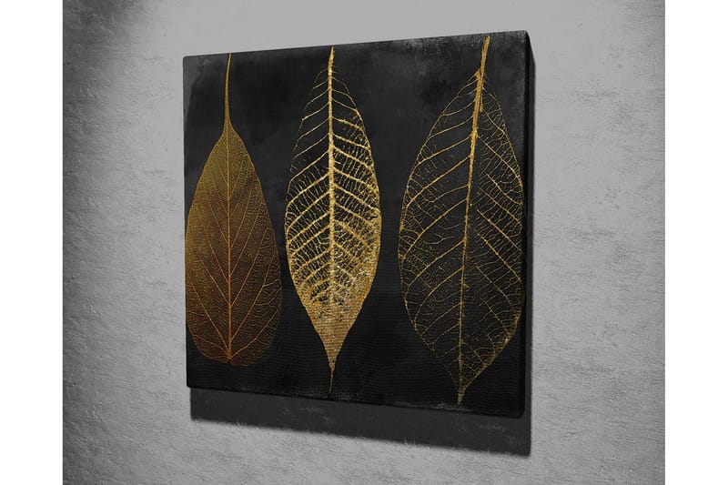 Lærredstryk 45x45 cm - Tre stiliserede blade i guld mod en sort baggrund - Guld / Sort - Boligtilbehør - Billeder & kunst - Billeder på lærred