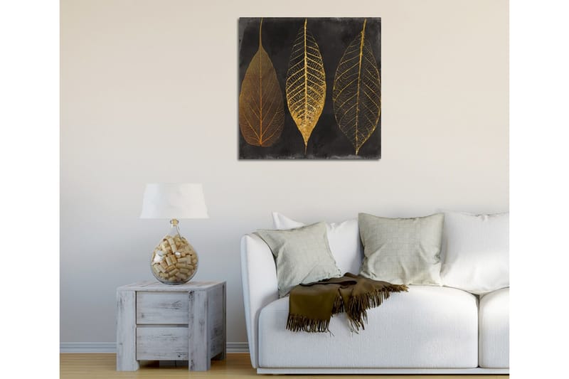 Lærredstryk 45x45 cm - Tre stiliserede blade i guld mod en sort baggrund - Guld / Sort - Boligtilbehør - Billeder & kunst - Billeder på lærred