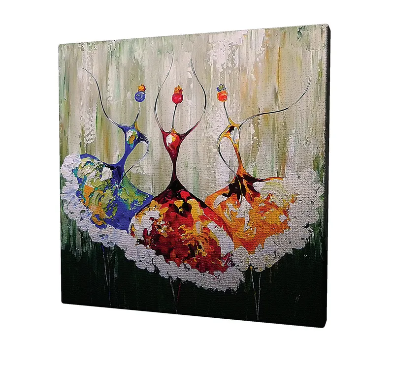 Lærredstryk 45x45 cm - Tre stiliserede dansere i farverige kjoler - Rød / Blå / Orange - Boligtilbehør - Billeder & kunst - Billeder på lærred