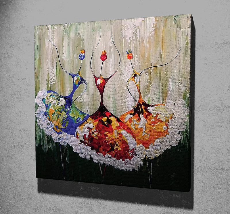 Lærredstryk 45x45 cm - Tre stiliserede dansere i farverige kjoler - Rød / Blå / Orange - Boligtilbehør - Billeder & kunst - Billeder på lærred
