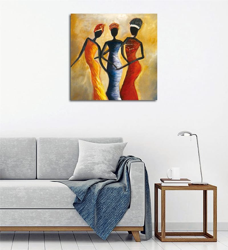 Lærredstryk 45x45 cm - Tre stiliserede kvinder i farverige kjoler, Rød / Gul / Sort