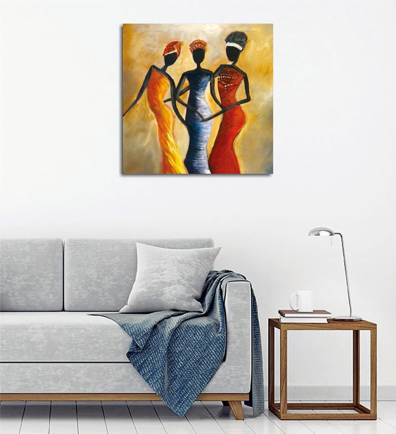 Lærredstryk 45x45 cm - Tre stiliserede kvinder i farverige kjoler, Rød / Gul / Sort