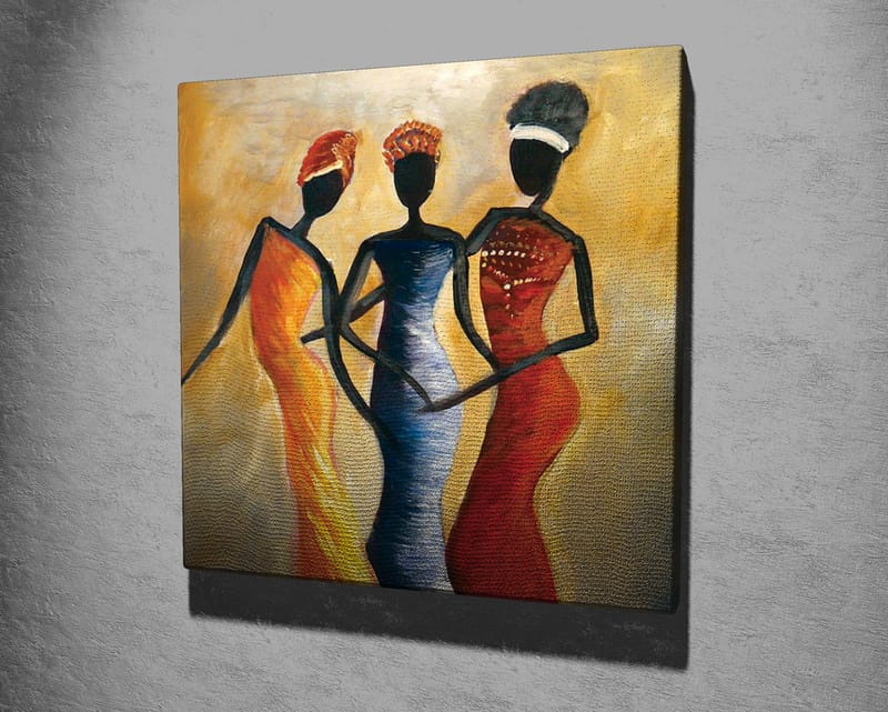 Lærredstryk 45x45 cm - Tre stiliserede kvinder i farverige kjoler - Rød / Gul / Sort - Boligtilbehør - Billeder & kunst - Billeder på lærred