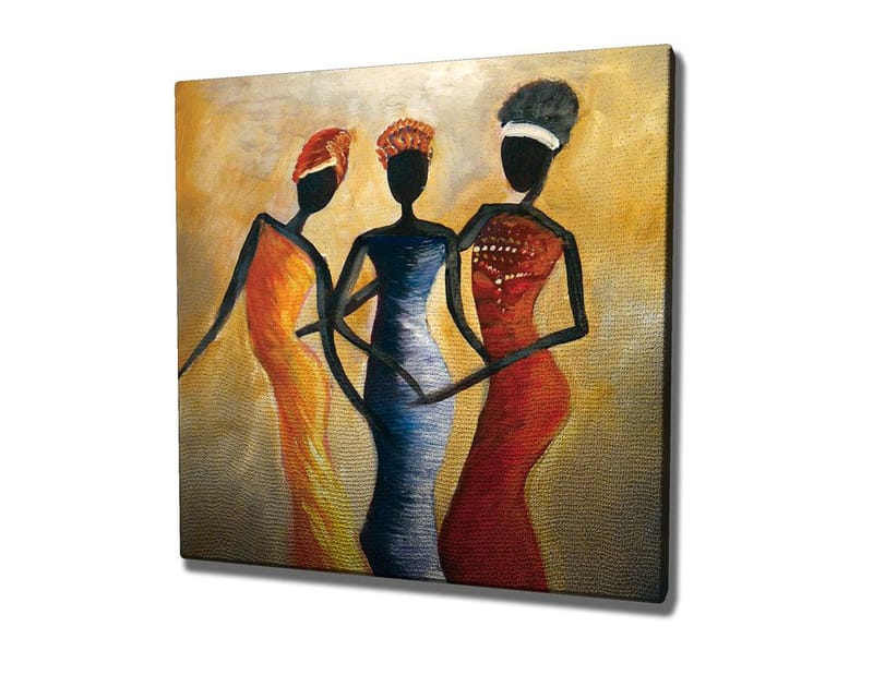 Lærredstryk 45x45 cm - Tre stiliserede kvinder i farverige kjoler - Rød / Gul / Sort - Boligtilbehør - Billeder & kunst - Billeder på lærred