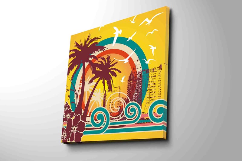 Lærredstryk 45x45 cm - Tropisk strandscene med palmer og havbølger - Mørkerød / Turkis / Gul - Boligtilbehør - Billeder & kunst - Billeder på lærred