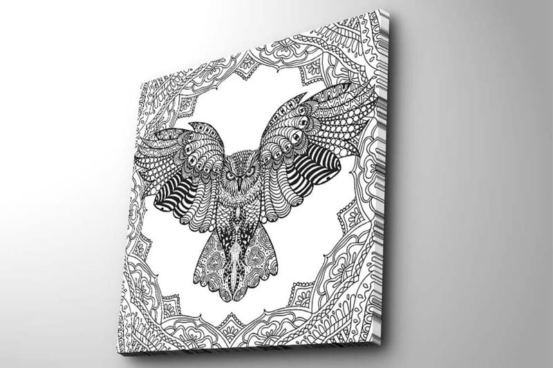 Lærredstryk 45x45 cm - Ugle i detaljeret, sort-hvid stil - Sort / Hvid - Boligtilbehør - Billeder & kunst - Billeder på lærred