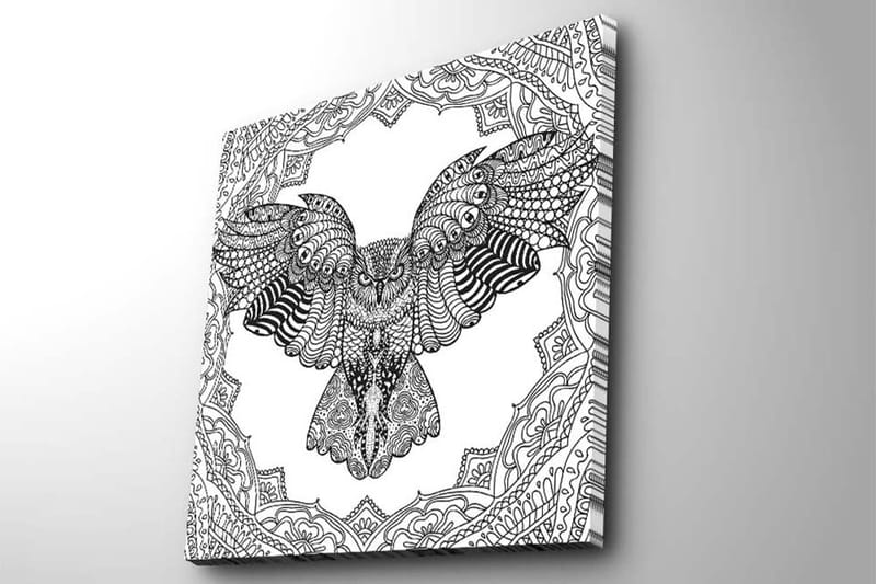 Lærredstryk 45x45 cm - Ugle i detaljeret, sort-hvid stil - Sort / Hvid - Boligtilbehør - Billeder & kunst - Billeder på lærred