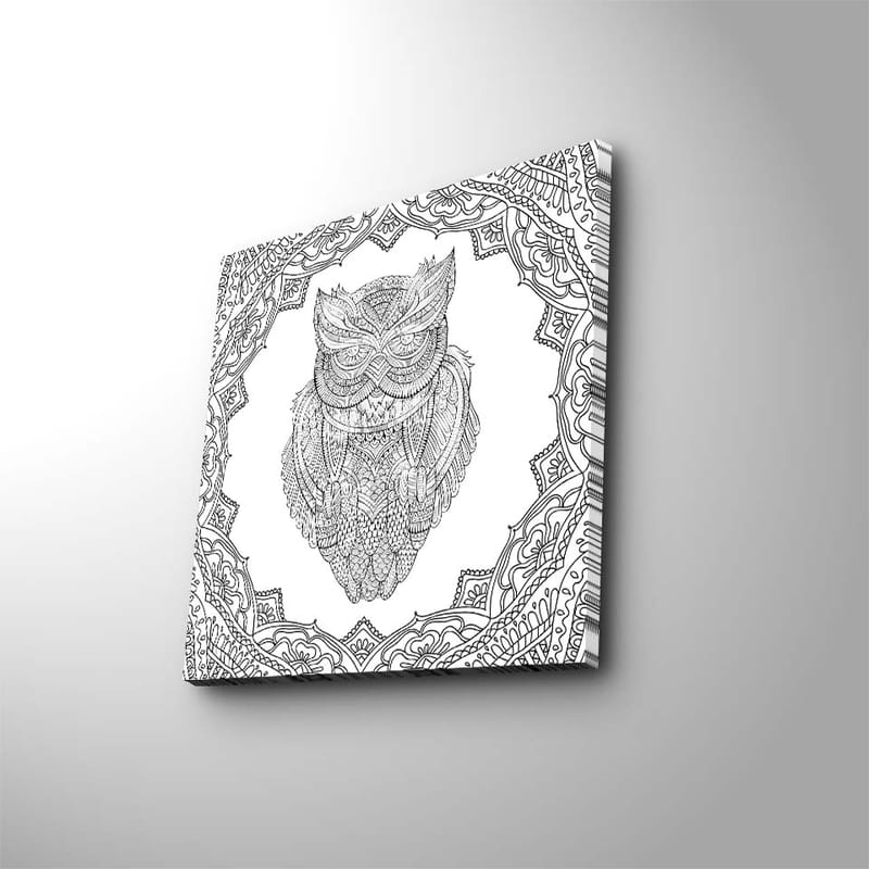 Lærredstryk 45x45 cm - Ugle i detaljeret stregtegning omgivet af ornamentale mønstre - Sort / Hvid - Boligtilbehør - Billeder & kunst - Billeder på lærred