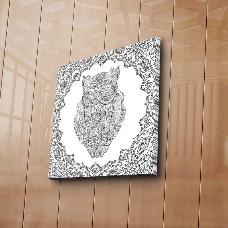Lærredstryk 45x45 cm - Ugle i detaljeret stregtegning omgivet af ornamentale mønstre - Sort / Hvid - Boligtilbehør - Billeder & kunst - Billeder på lærred