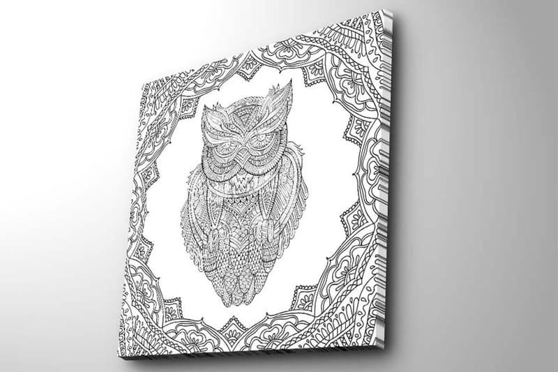 Lærredstryk 45x45 cm - Ugle i detaljeret stregtegning omgivet af ornamentale mønstre - Sort / Hvid - Boligtilbehør - Billeder & kunst - Billeder på lærred