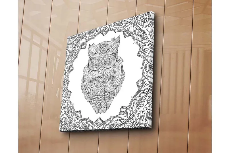 Lærredstryk 45x45 cm - Ugle i detaljeret stregtegning omgivet af ornamentale mønstre, Sort / Hvid