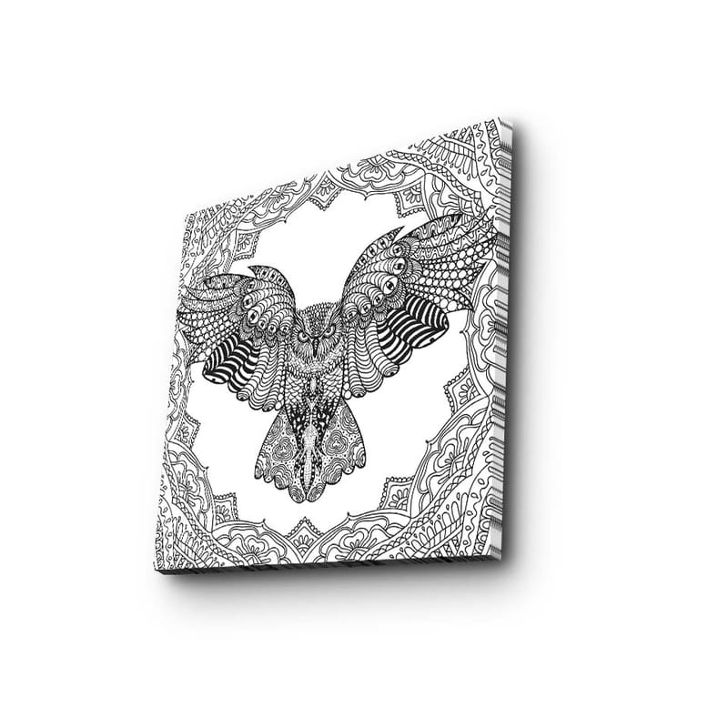 Lærredstryk 45x45 cm - Ugle med detaljeret mønster i sort-hvid, Sort / Hvid