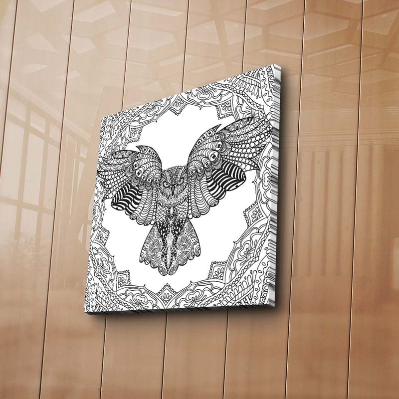 Lærredstryk 45x45 cm - Ugle med detaljeret mønster i sort-hvid - Sort / Hvid - Boligtilbehør - Billeder & kunst - Billeder på lærred