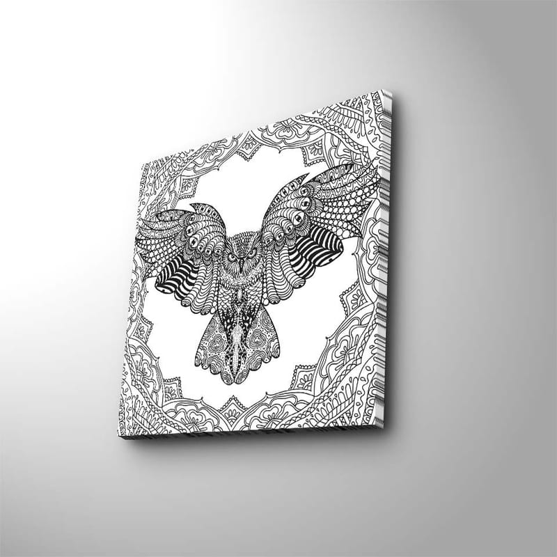 Lærredstryk 45x45 cm - Ugle med detaljeret mønster i sort-hvid - Sort / Hvid - Boligtilbehør - Billeder & kunst - Billeder på lærred
