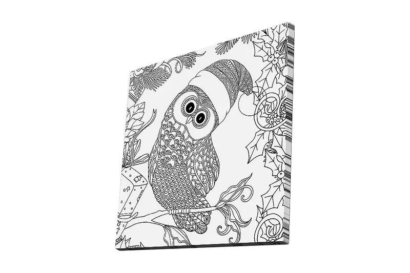 Lærredstryk 45x45 cm - Ugle med nissehue omgivet af juledetaljer - Sort / Hvid - Boligtilbehør - Billeder & kunst - Billeder på lærred
