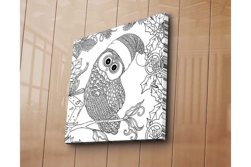 Lærredstryk 45x45 cm - Ugle med nissehue omgivet af juledetaljer - Sort / Hvid - Boligtilbehør - Billeder & kunst - Billeder på lærred