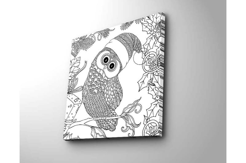 Lærredstryk 45x45 cm - Ugle med nissehue omgivet af juledetaljer - Sort / Hvid - Boligtilbehør - Billeder & kunst - Billeder på lærred