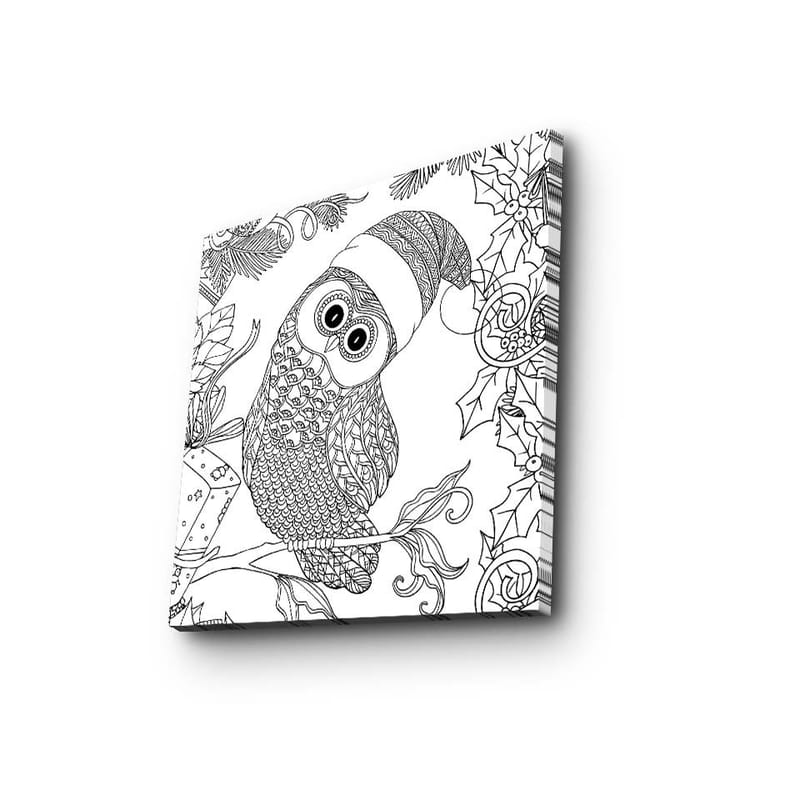 Lærredstryk 45x45 cm - Ugle med nissehue omgivet af julepynt - Sort / Hvid - Boligtilbehør - Billeder & kunst - Billeder på lærred