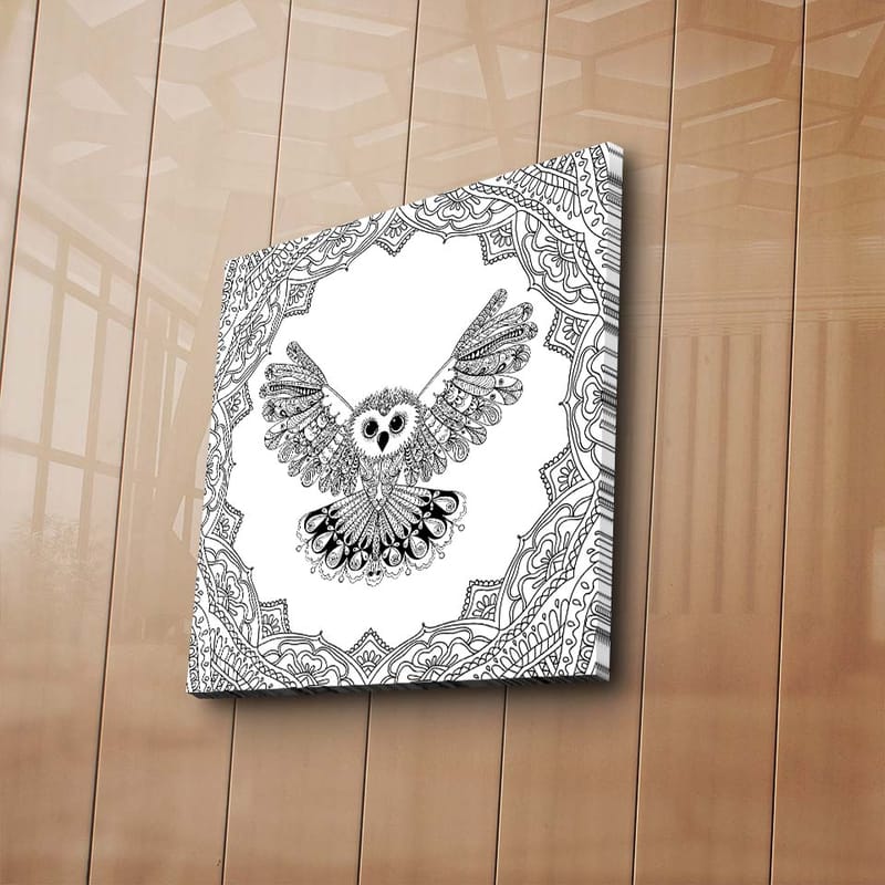 Lærredstryk 45x45 cm - Ugle med udstrakte vinger i en detaljeret ramme - Sort / Hvid - Boligtilbehør - Billeder & kunst - Billeder på lærred