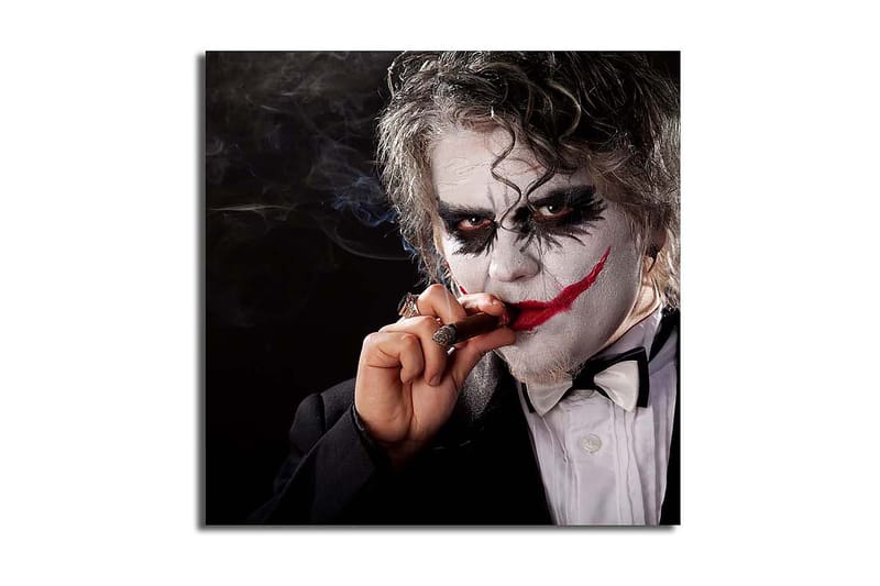 Lærredstryk 45x45 cm - Uhyggelig figur med klovnemakeup og cigar, Hvid / Sort / Rød