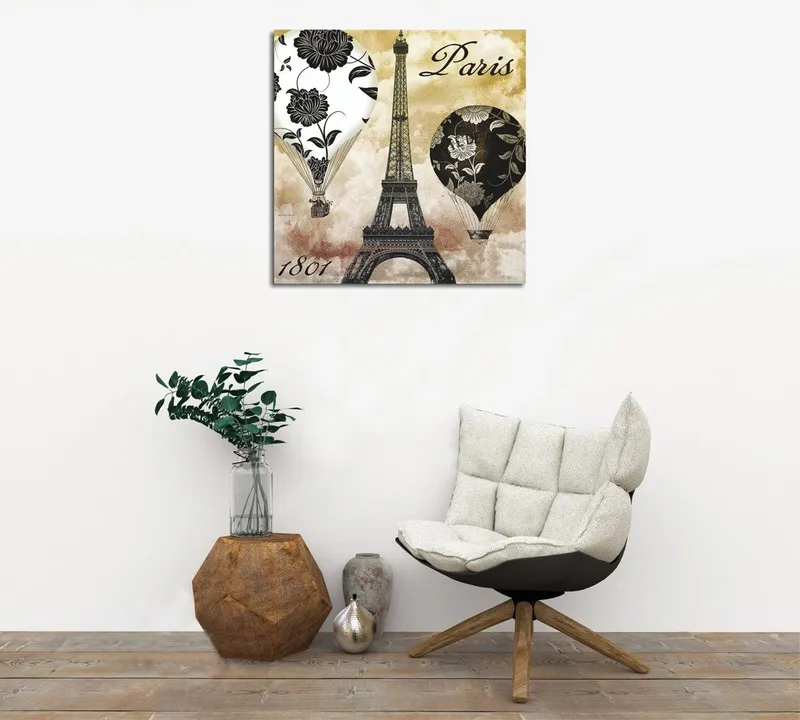 Lærredstryk 45x45 cm - Varmluftsballoner og Eiffeltårnet i romantisk stil, Sort / Beige / Hvid