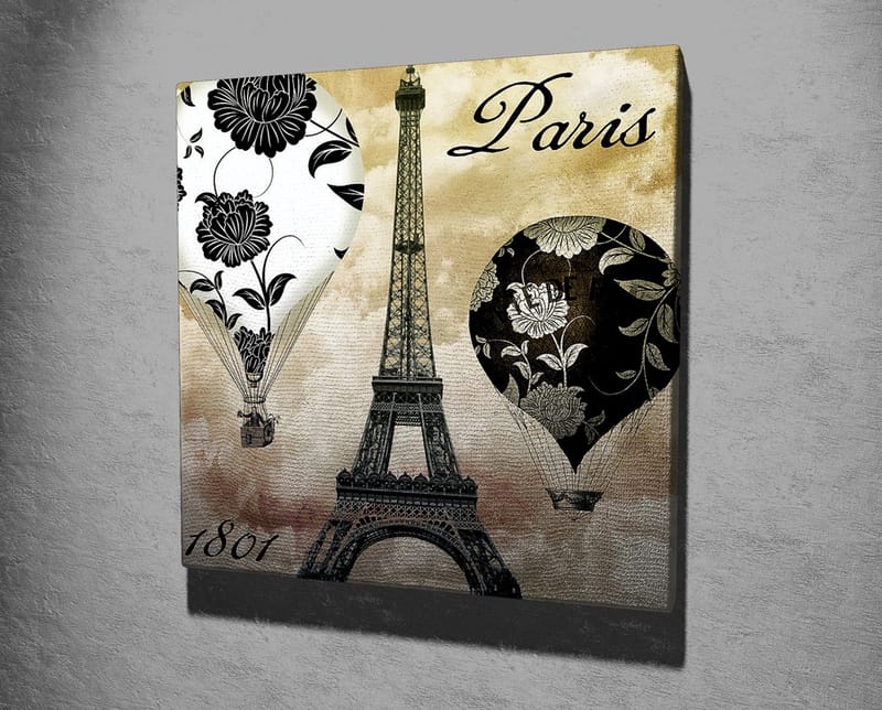 Lærredstryk 45x45 cm - Varmluftsballoner og Eiffeltårnet i romantisk stil - Sort / Beige / Hvid - Boligtilbehør - Billeder & kunst - Billeder på lærred