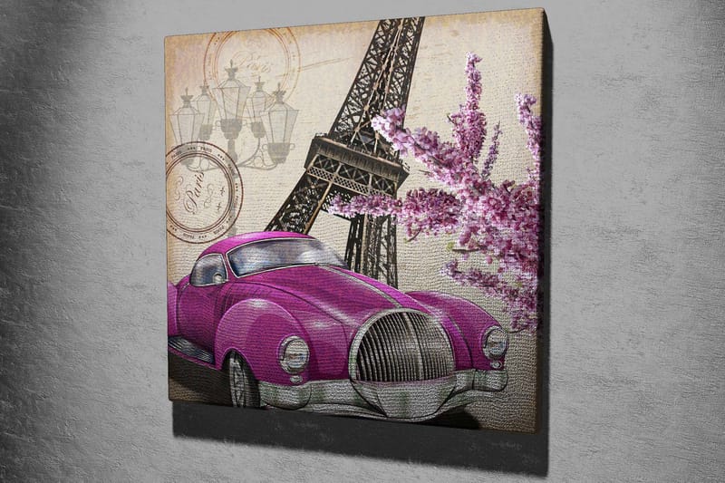 Lærredstryk 45x45 cm - Vintagebil i lys lilla med Eiffeltårnet og blomster i baggrunden, Lilla / Lyserød / Grå