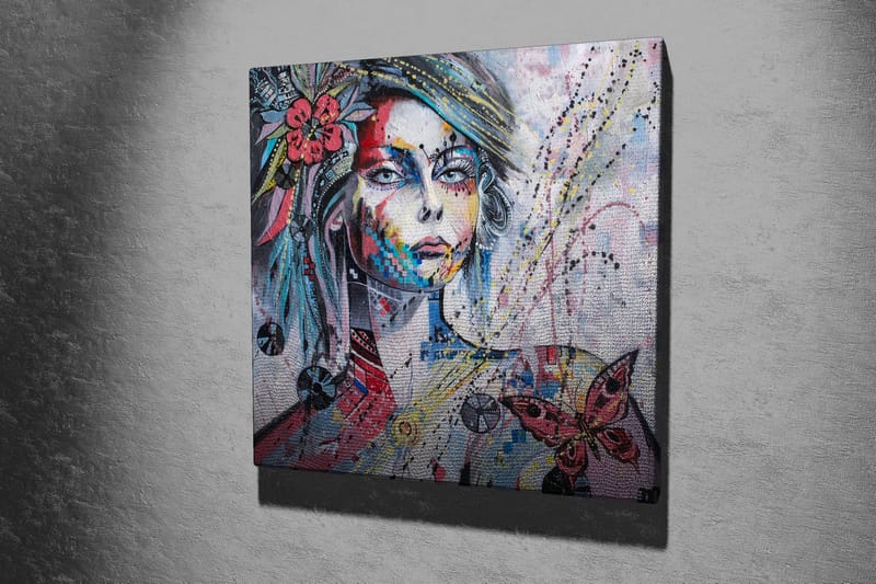 Lærredstryk 45x45 cm - Portræt af en kvinde med farverige detaljer og sommerfugle - Lyserød / Blå / Grøn - Boligtilbehør - Billeder & kunst - Billeder på lærred