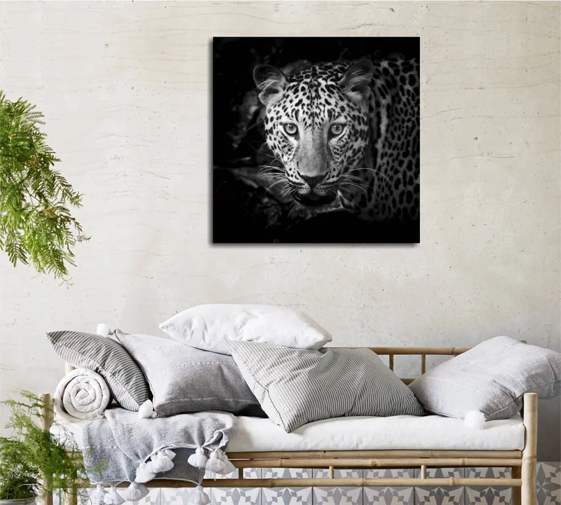 Lærredstryk 45x45 cm - Portræt af en leopard med intense øjne - Sort / Hvid / Grå - Boligtilbehør - Billeder & kunst - Billeder på lærred