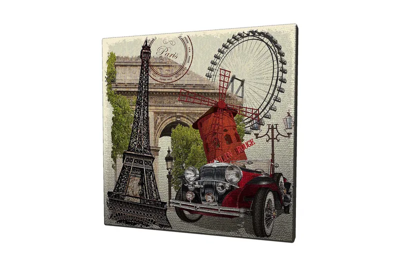 Lærredstryk 45x45 cm - Paris-inspireret komposition med Eiffeltårnet, en rød bil og en vindmølle, Rød / Sort / Grøn